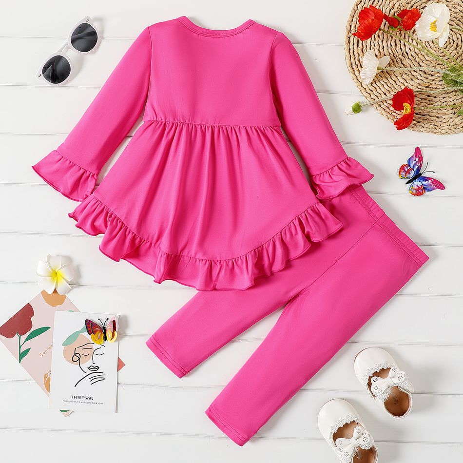 2pcs Baby Girl Butterfly Print Hot Pink Long-sleeve Ruffle Hem Top and Leggings Set Roseo big image 2
