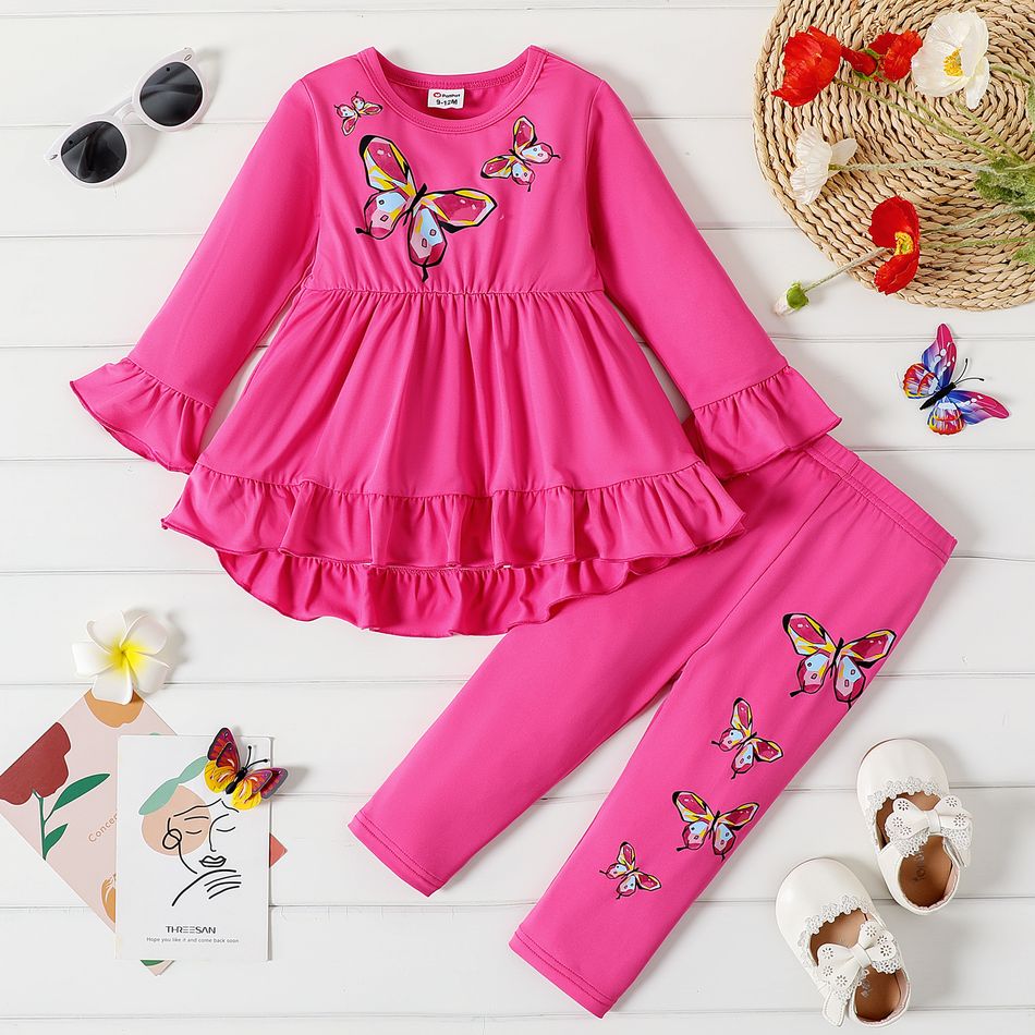 2pcs Baby Girl Butterfly Print Hot Pink Long-sleeve Ruffle Hem Top and Leggings Set Roseo big image 1