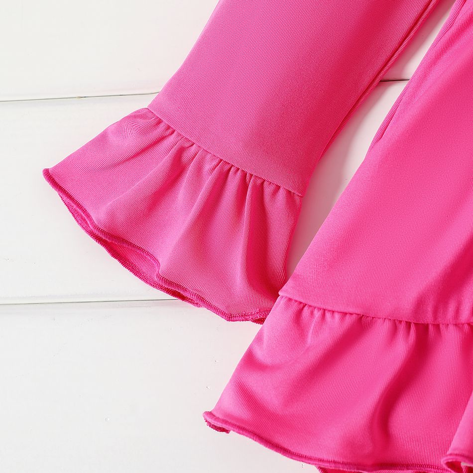 2pcs Baby Girl Butterfly Print Hot Pink Long-sleeve Ruffle Hem Top and Leggings Set Roseo big image 4