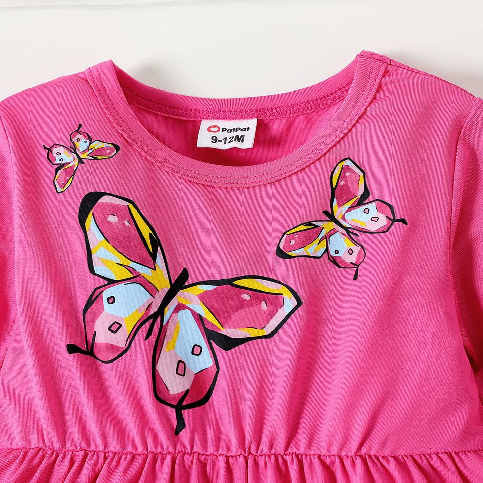 2pcs Baby Girl Butterfly Print Hot Pink Long-sleeve Ruffle Hem Top and Leggings Set Roseo big image 3