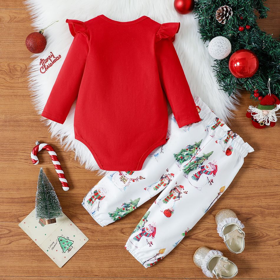 Christmas 2pcs Baby Girl 95% Cotton Ruffle Long-sleeve Letter Graphic Romper and Bow Front Allover Print Pants Set Red-2 big image 2