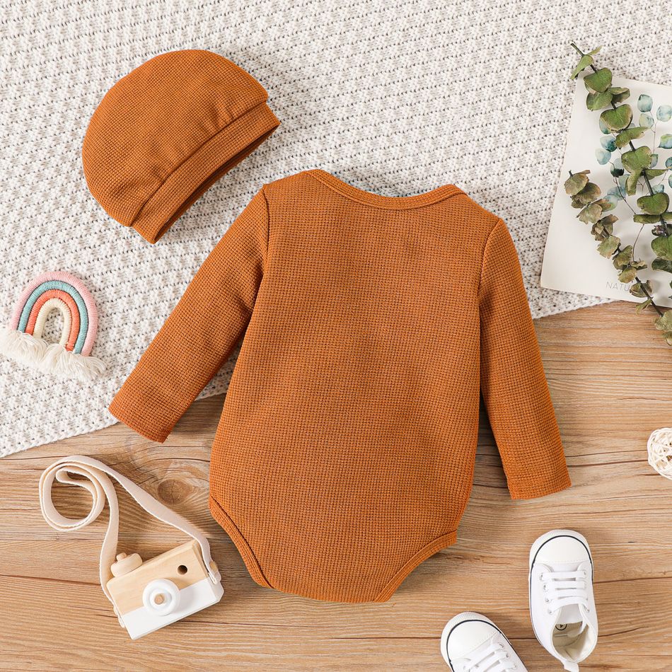 2pcs Baby Boy Rainbow Embroidered Long-sleeve Waffle Romper with Hat Set Brown big image 3