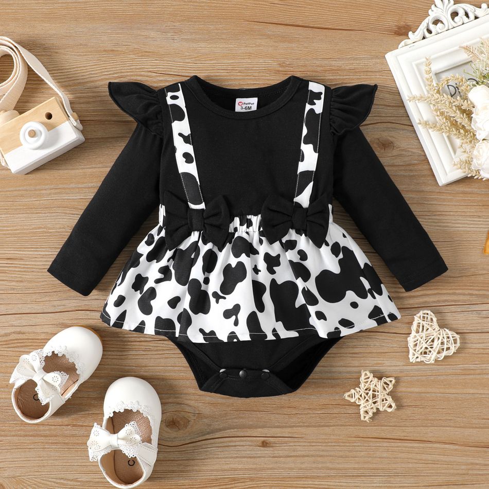 Baby Girl Black Cow Front Print Spliced Bow Front Ruffle Long-sleeve Romper BlackandWhite big image 1