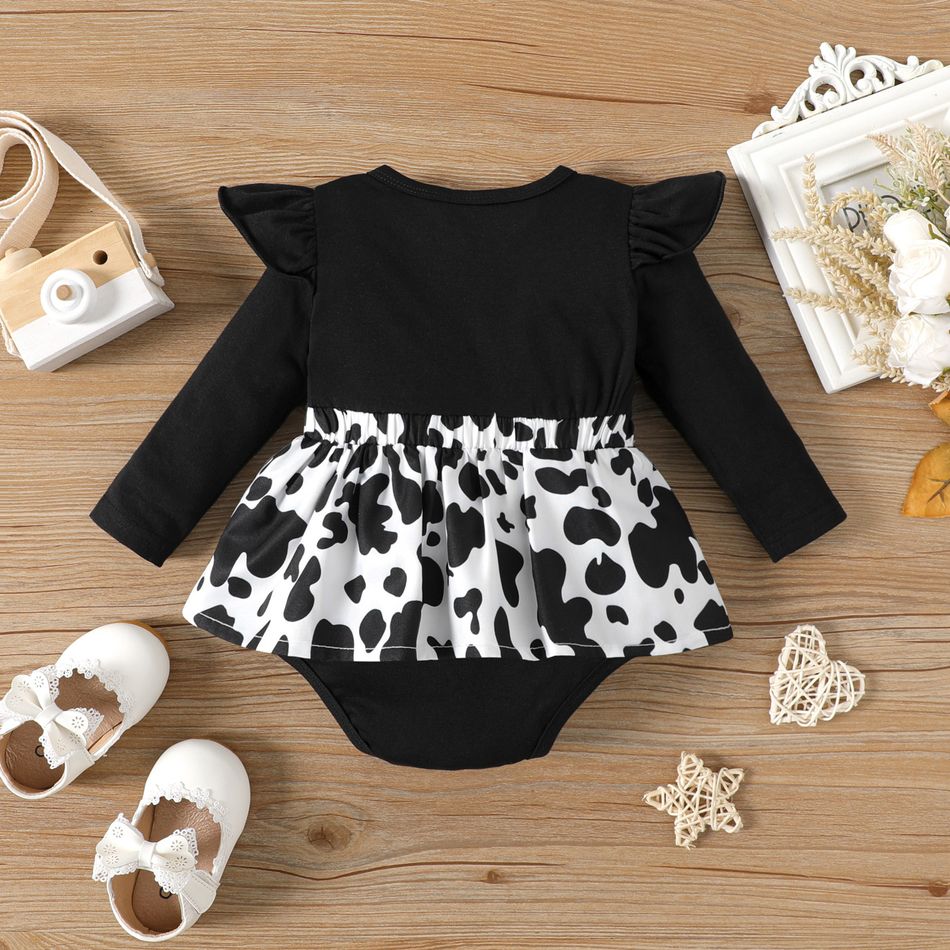 Baby Girl Black Cow Front Print Spliced Bow Front Ruffle Long-sleeve Romper BlackandWhite big image 2