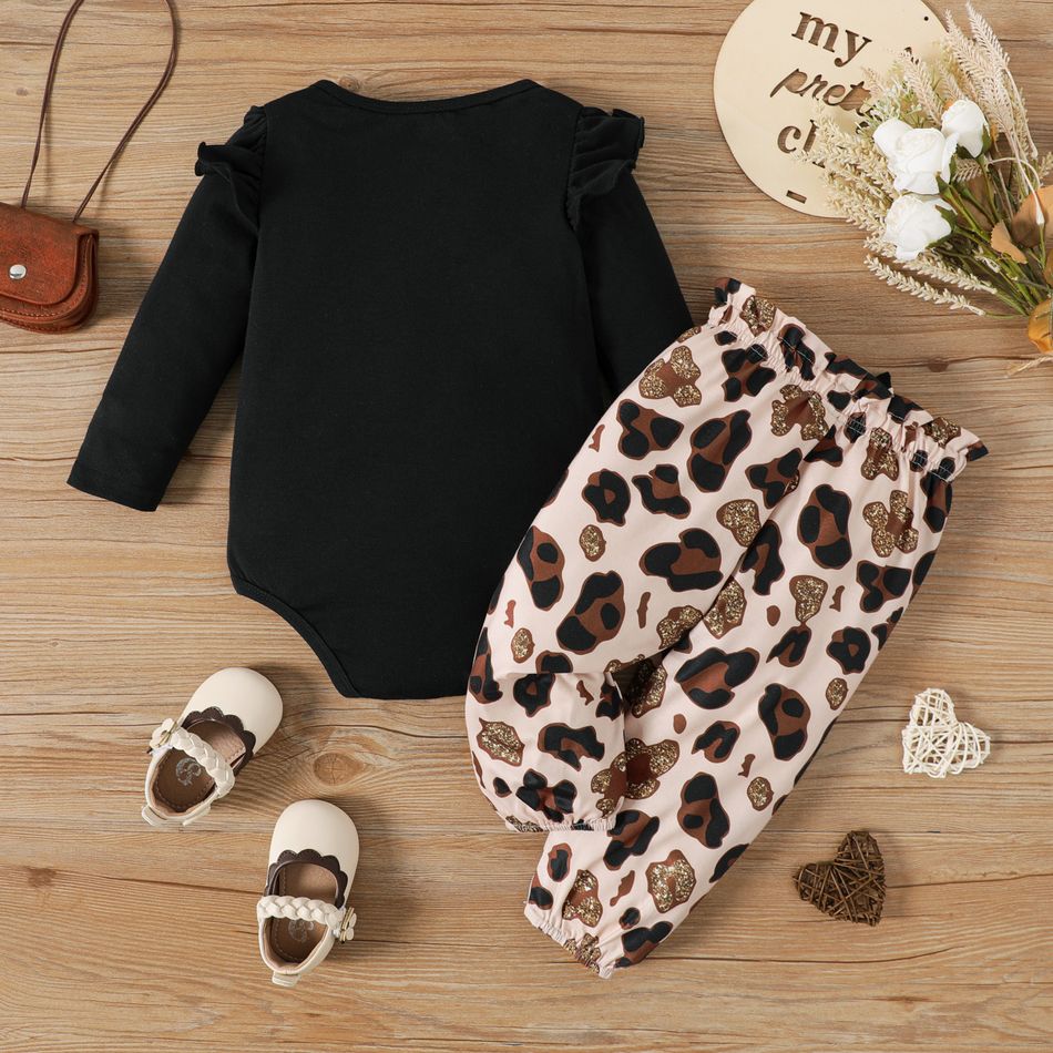 2pcs Baby Girl Letter Embroidered Rib Knit Ruffle Long-sleeve Romper and Bow Front Leopard Print Pants Set Black big image 2