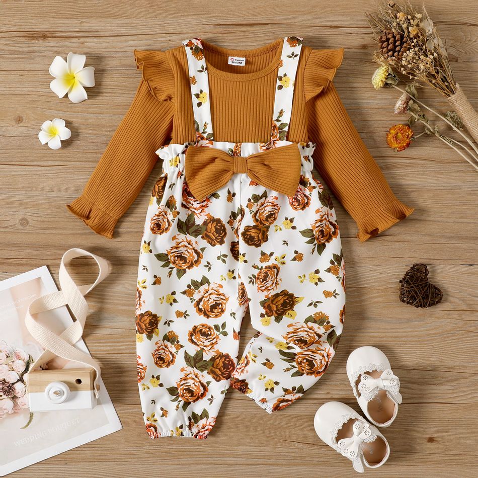 2pcs Baby Girl Solid Rib Knit Ruffle Long-sleeve Top and Bow Front Allover Floral Print Suspender Pants Set YellowBrown big image 2