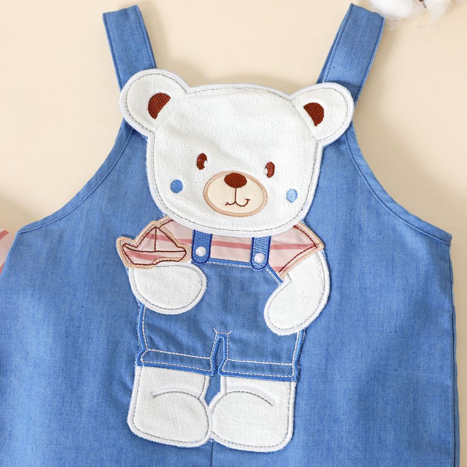 2pcs Baby Boy Long-sleeve Striped Tee and Bear Graphic Overalls Set Light Blue big image 5