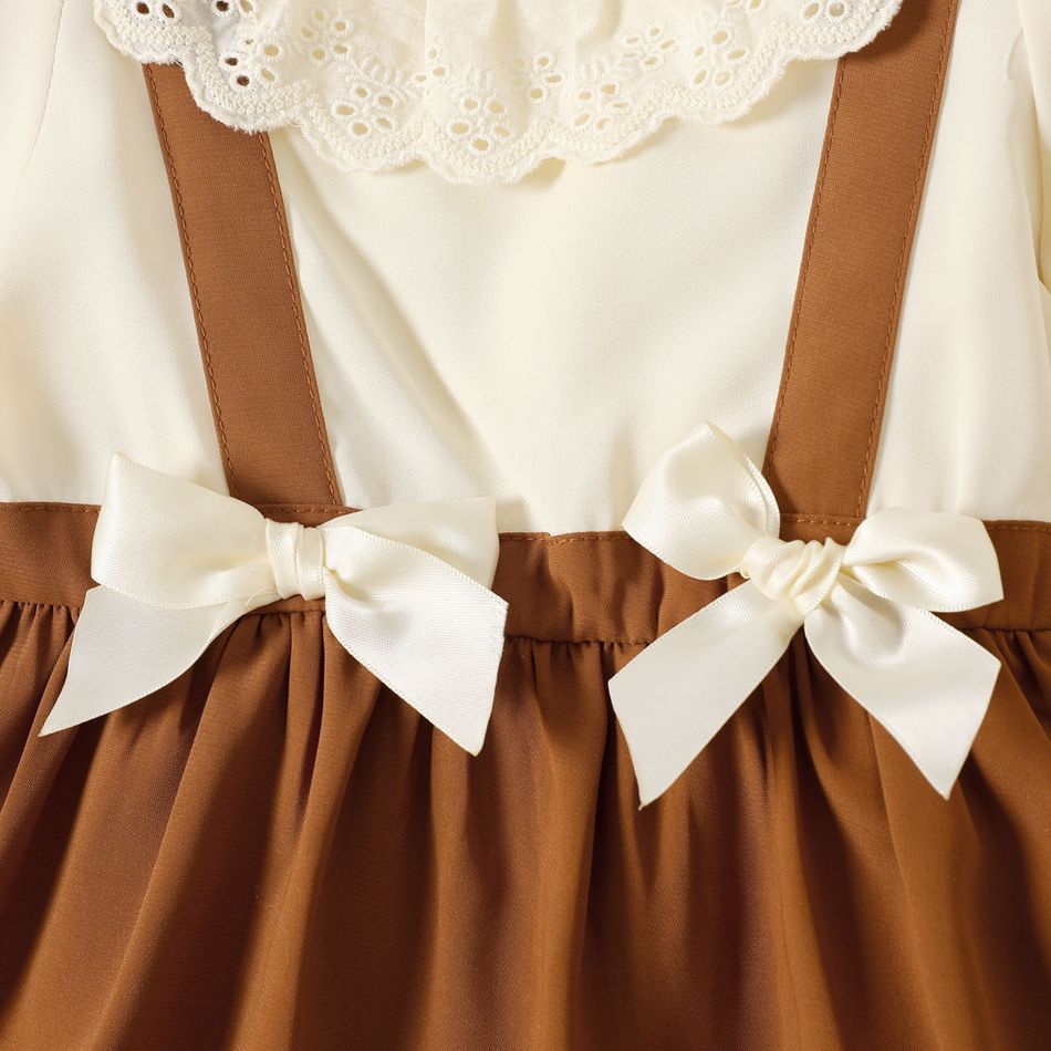 Baby Girl Ruffle Collar Long-sleeve Bow Front Solid Spliced Dress Caramel big image 4
