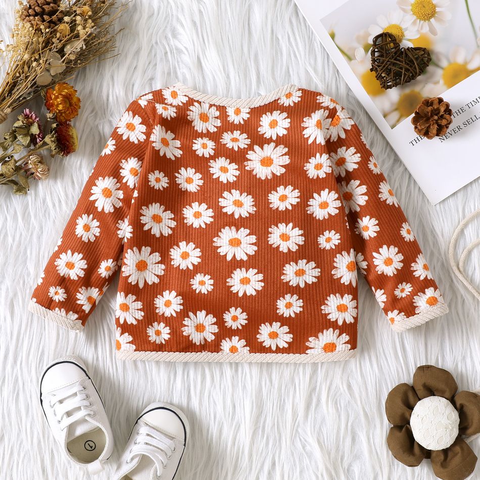 Baby Girl Allover Daisy Floral Print Corduroy Long-sleeve Jacket ColorBlock big image 2