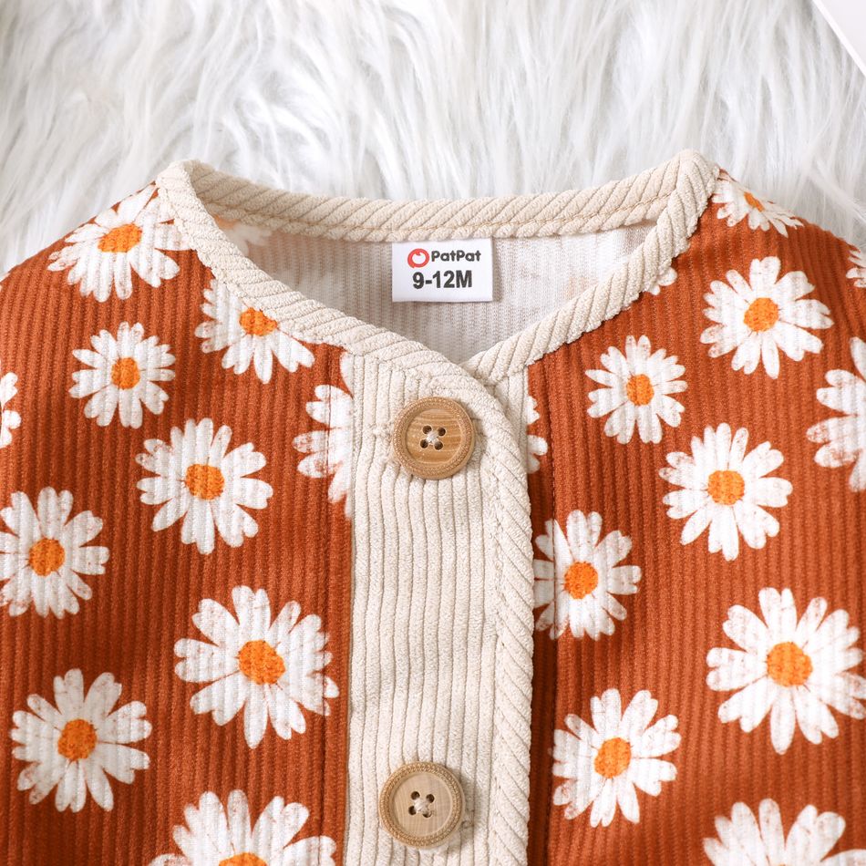 Baby Girl Allover Daisy Floral Print Corduroy Long-sleeve Jacket ColorBlock big image 3