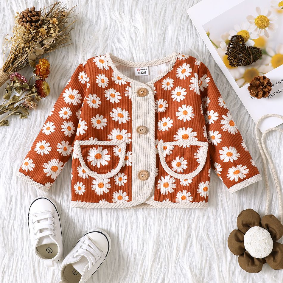 Baby Girl Allover Daisy Floral Print Corduroy Long-sleeve Jacket ColorBlock big image 1