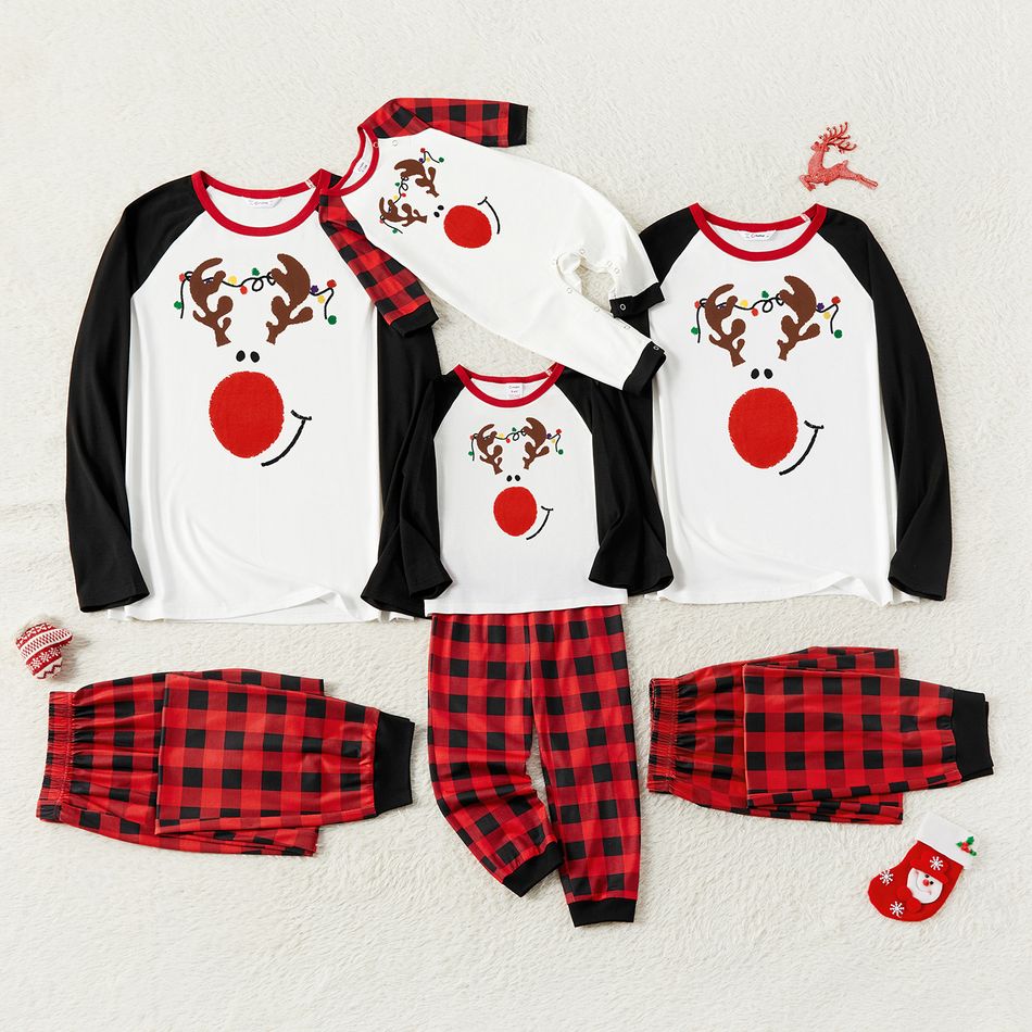 Christmas Family Matching Deer Print Raglan-sleeve Red Plaid Pajamas Sets (Flame Resistant) redblack