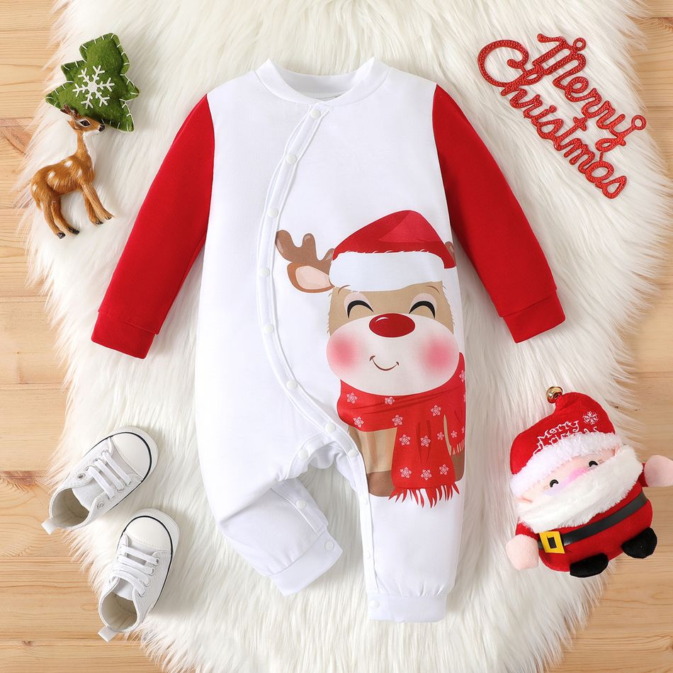 Christmas Baby Boy/Girl Reindeer Print Long-sleeve Button Jumpsuit REDWHITE