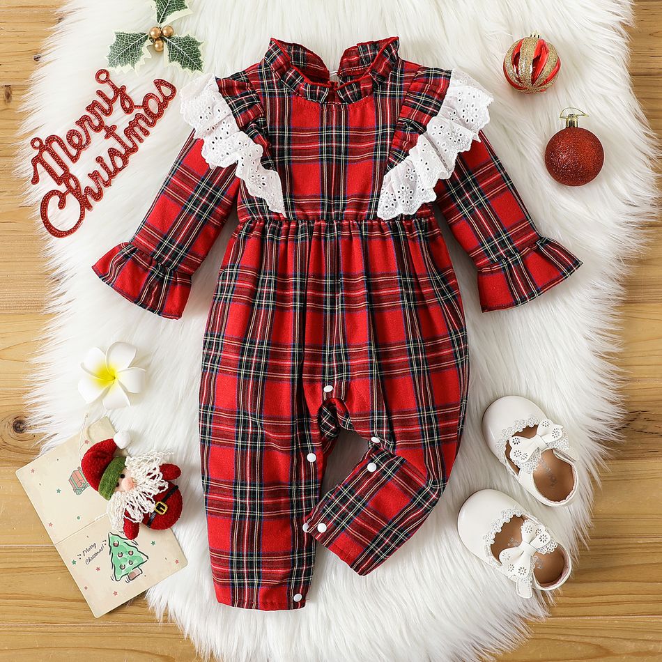 Christmas Baby Girl Ruffle Trim Spliced Red Plaid Mock Neck Long-sleeve Jumpsuit Red-2