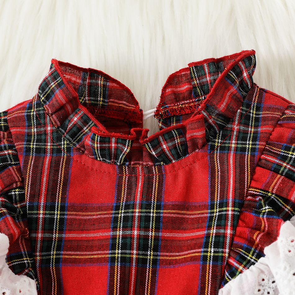 Christmas Baby Girl Ruffle Trim Spliced Red Plaid Mock Neck Long-sleeve Jumpsuit Red-2 big image 3