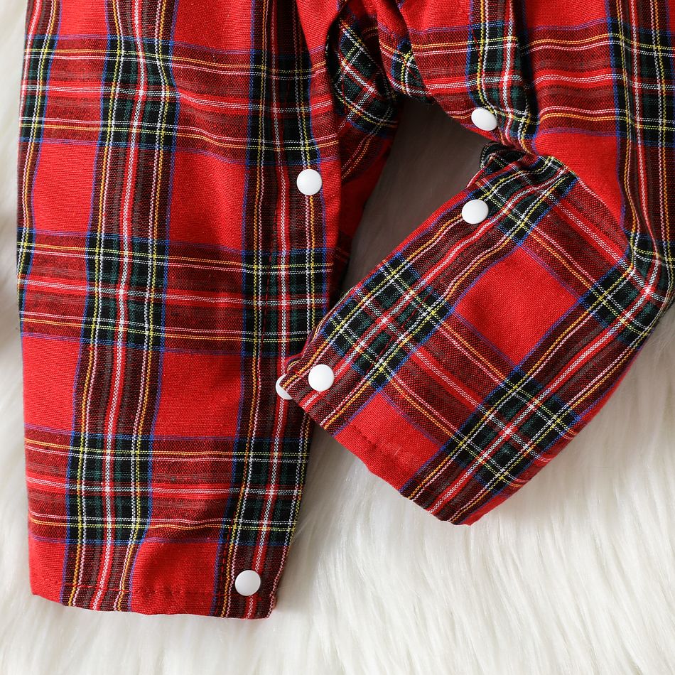 Christmas Baby Girl Ruffle Trim Spliced Red Plaid Mock Neck Long-sleeve Jumpsuit Red-2