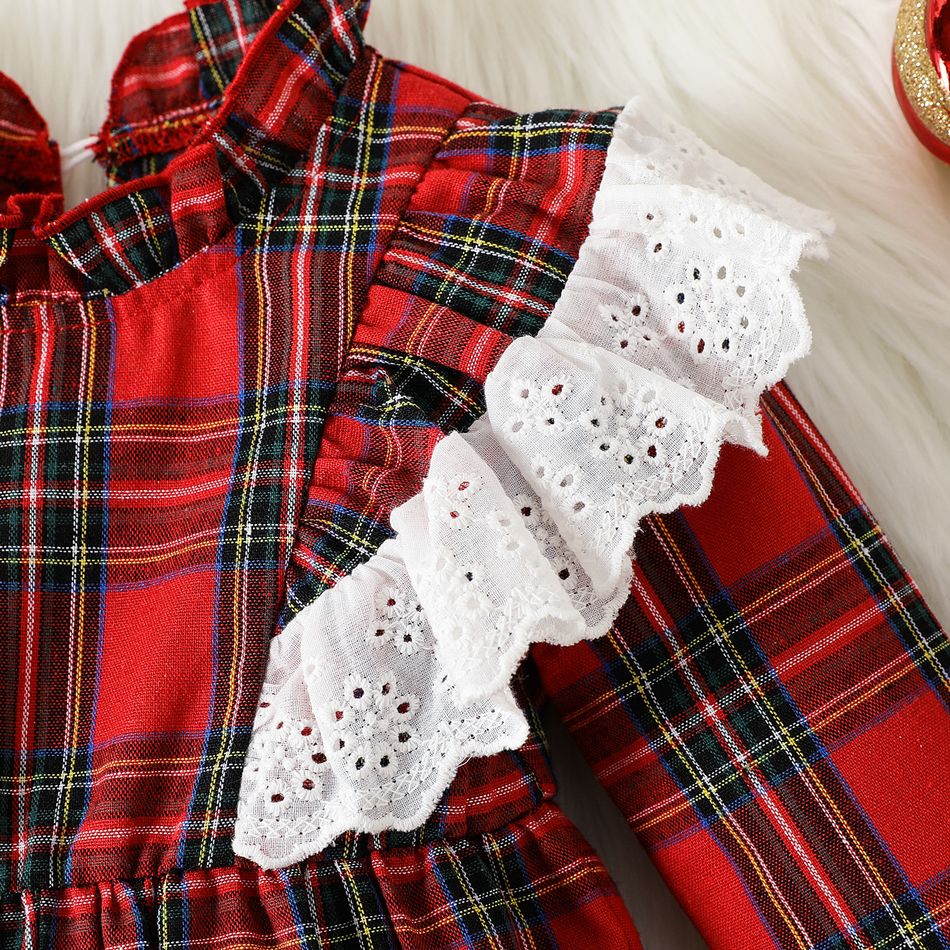 Christmas Baby Girl Ruffle Trim Spliced Red Plaid Mock Neck Long-sleeve Jumpsuit Red-2 big image 4