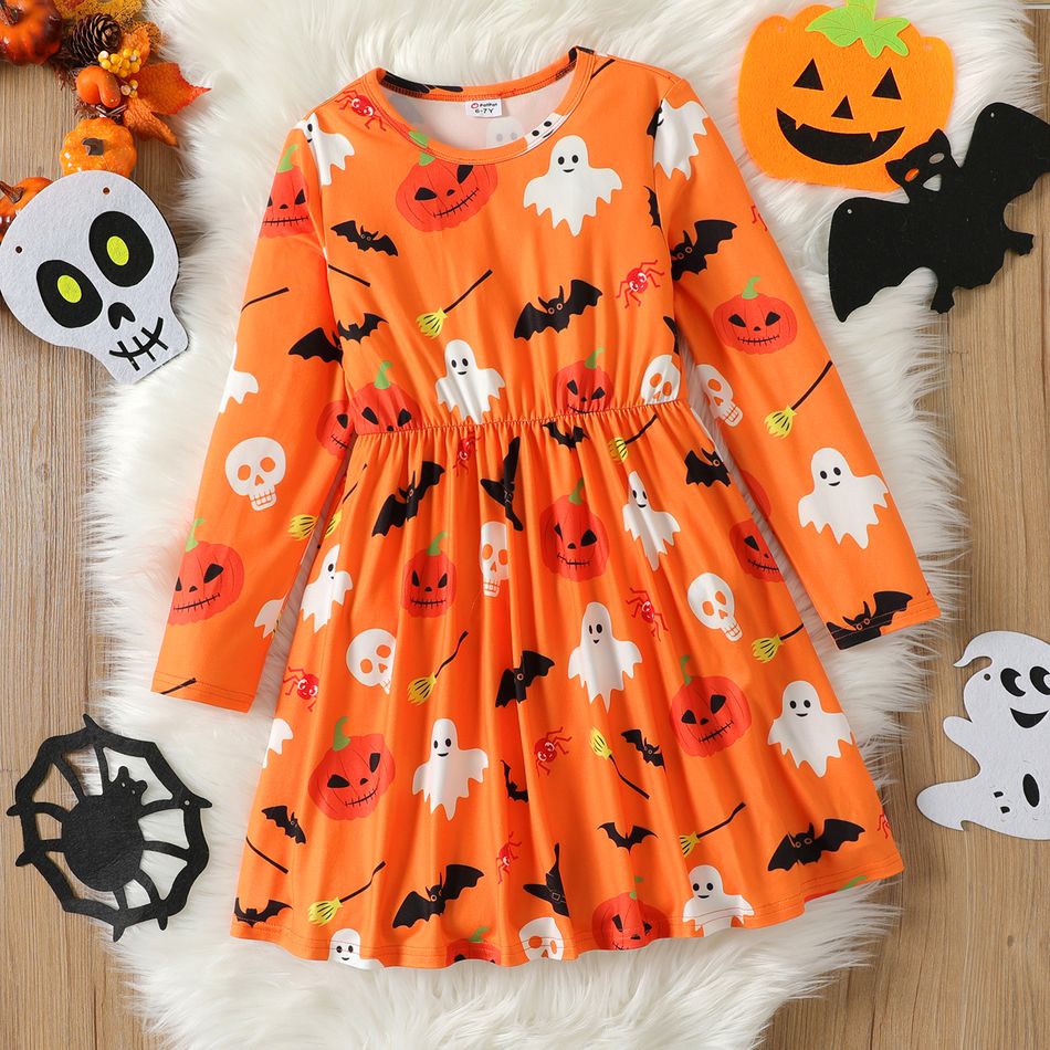 Kid Girl Halloween Ghost Print Long-sleeve Dress Orange