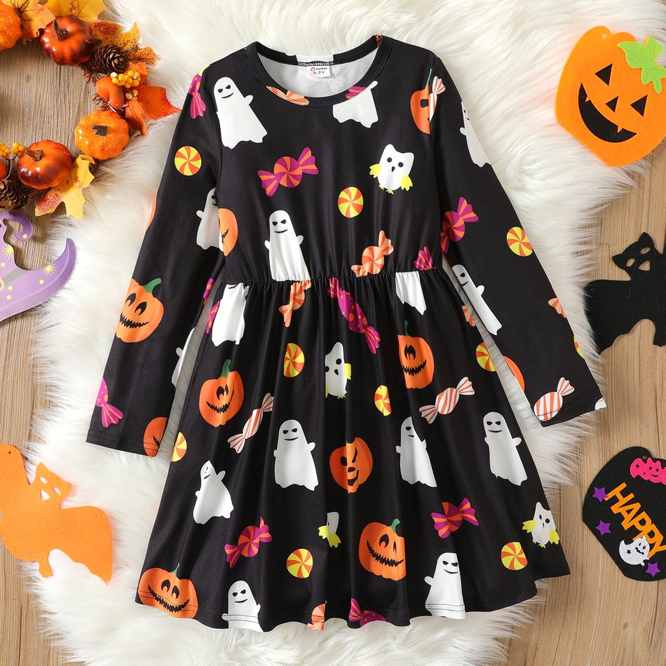 Kid Girl Halloween Ghost Print Long-sleeve Dress Black big image 1