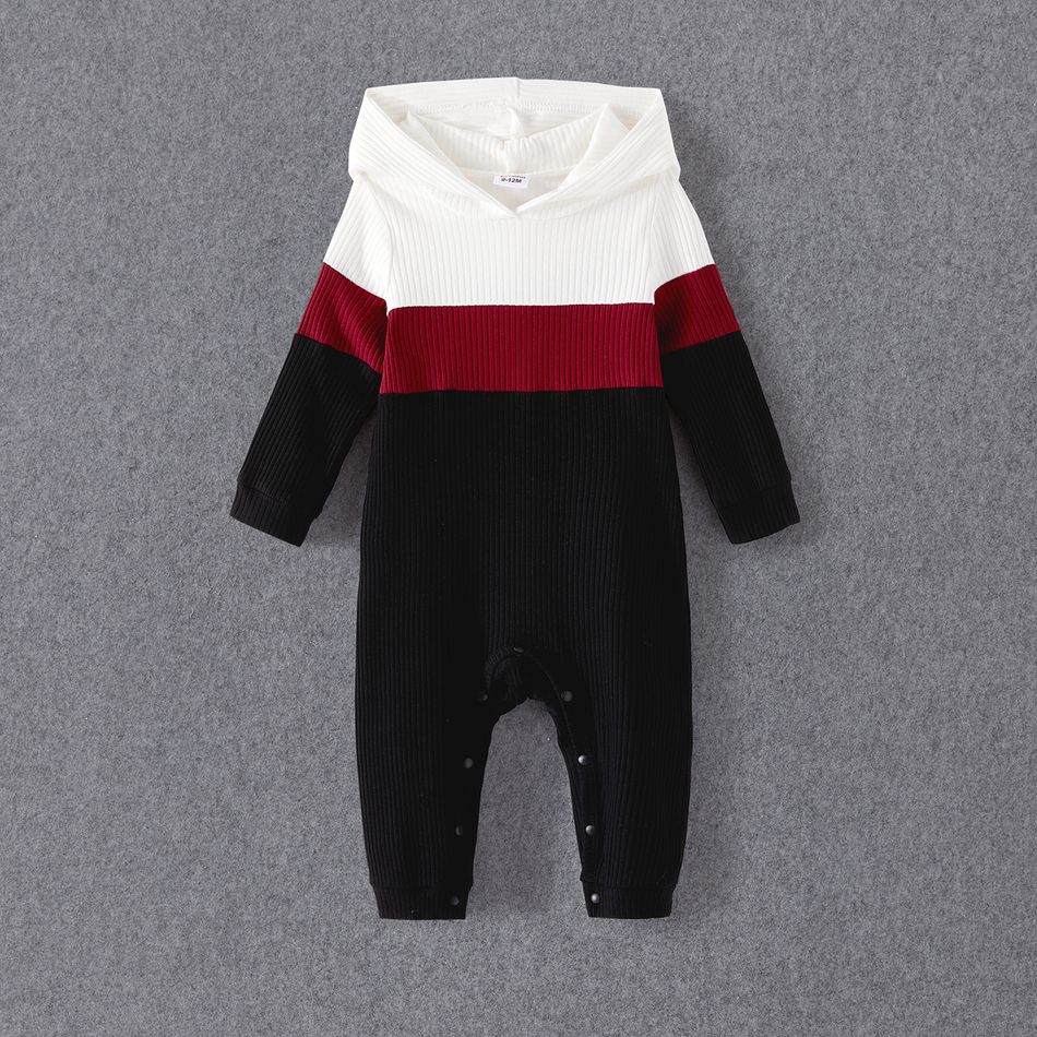 Family Matching Cotton Rib Knit Colorblock Long-sleeve Hoodies Black/White/Red big image 13