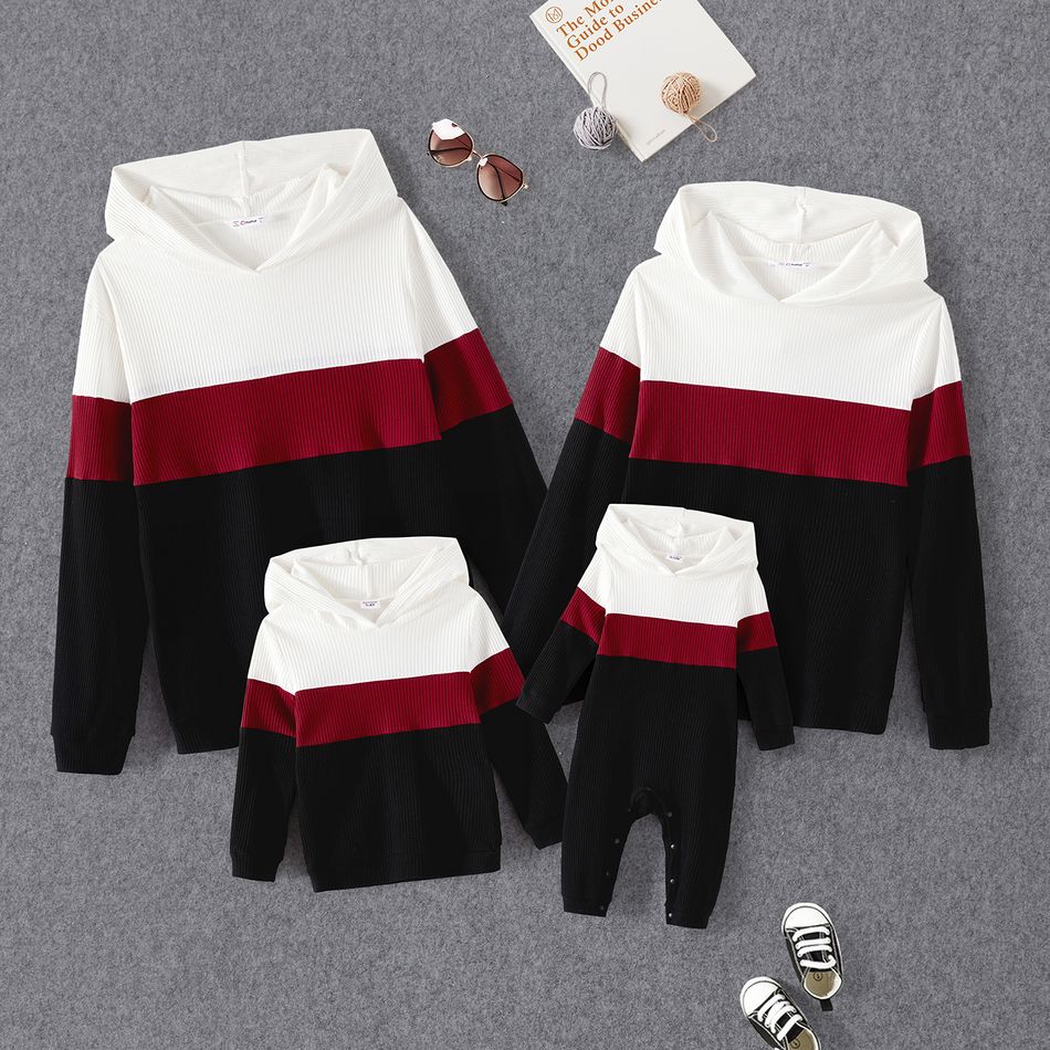 Family Matching Cotton Rib Knit Colorblock Long-sleeve Hoodies Black/White/Red