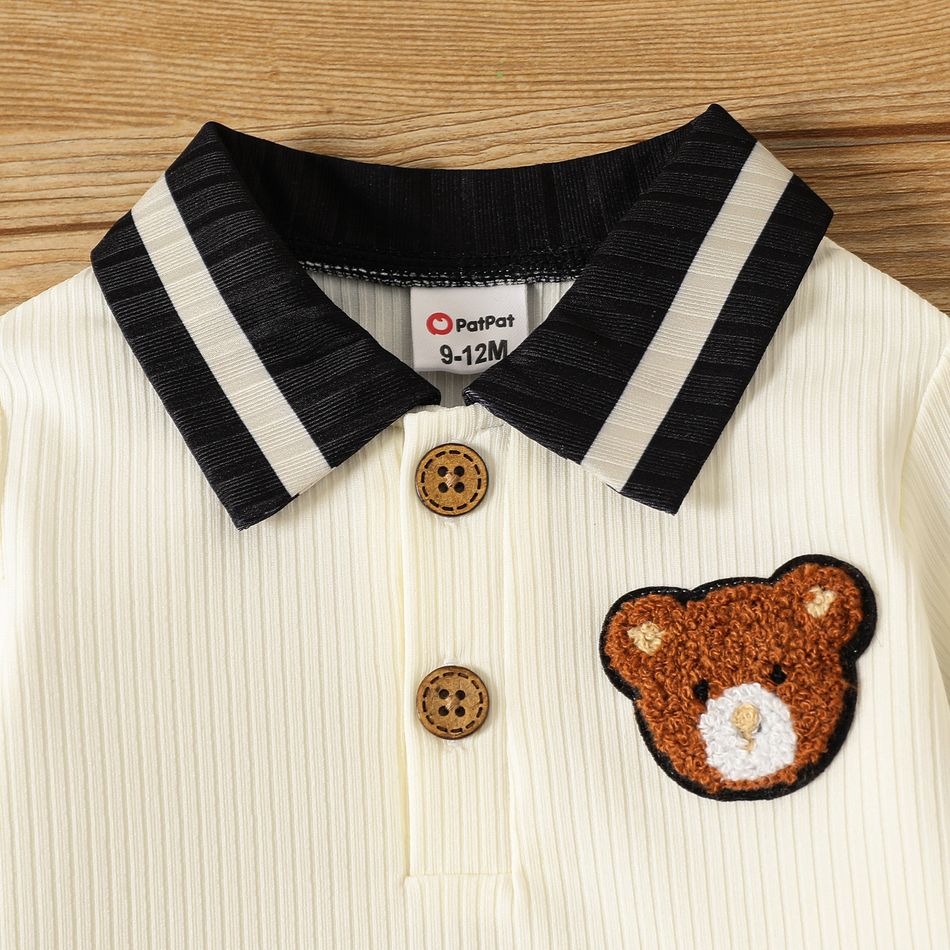 2pcs Baby Boy Bear Embroidered Contrast Collar Long-sleeve Ribbed Top and Pants Set BROWN big image 3