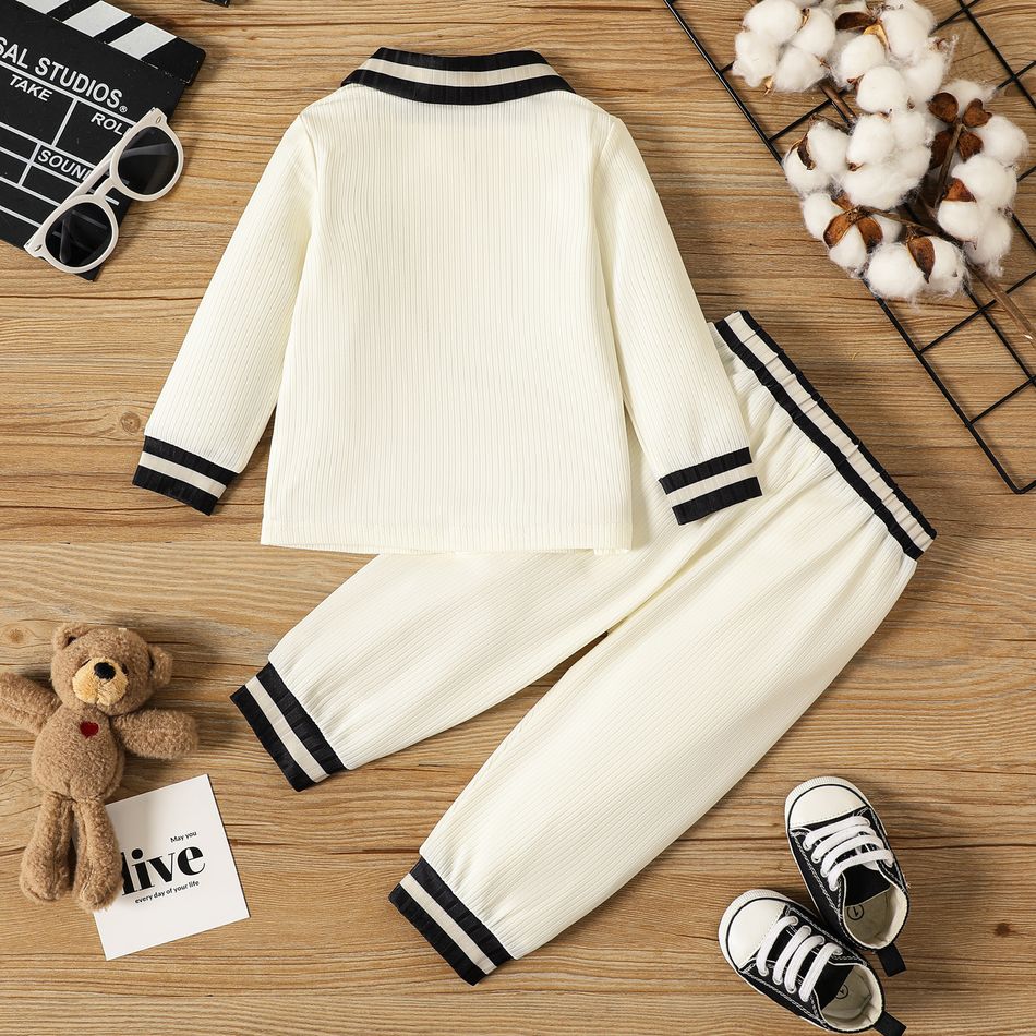 2pcs Baby Boy Bear Embroidered Contrast Collar Long-sleeve Ribbed Top and Pants Set BROWN big image 2