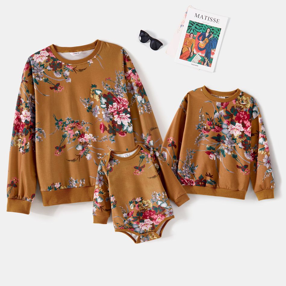 Mommy and Me Long-sleeve Allover Floral Print Khaki Sweatshirts Khaki