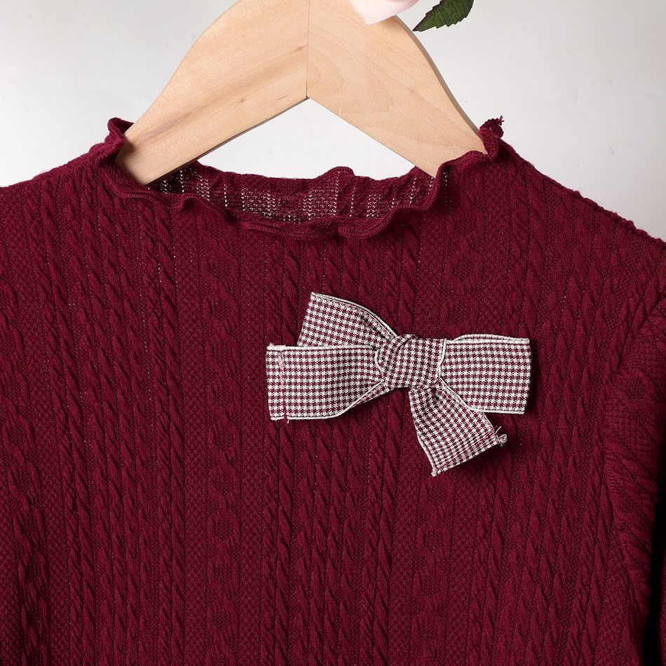Kid Girl 3D Bowknot Design Cable Knit Textured Mock Neck Long-sleeve Tee Burgundy big image 3