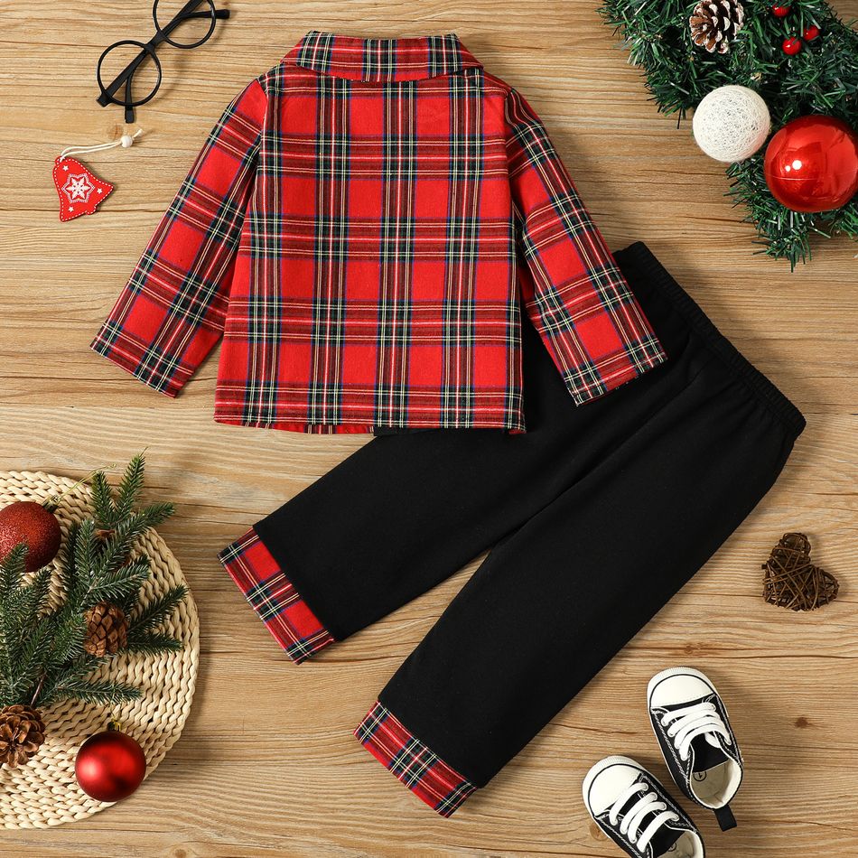 Christmas 2pcs Baby Boy/Girl Plaid Spliced Black Long-sleeve Button Up Shirt and Casual Pants Set redblack big image 2