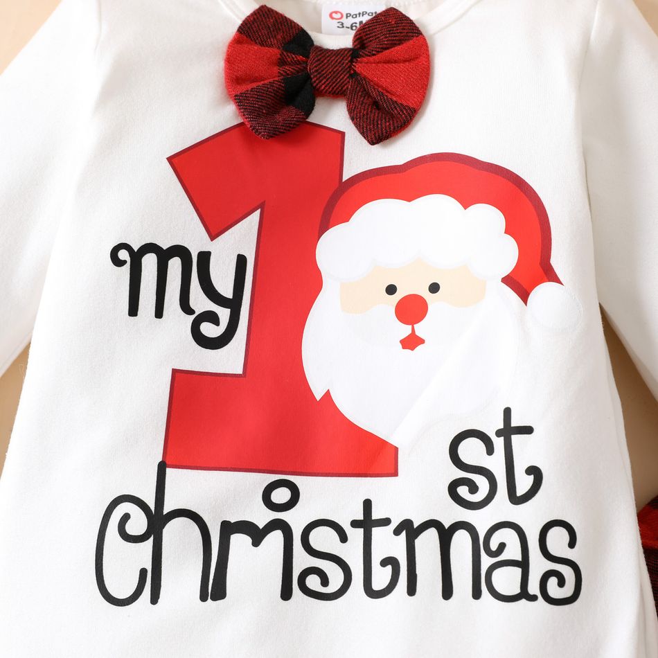 Christmas 2pcs Baby Boy Bow Tie Decor Santa & Letter Print Long-sleeve Romper and Red Plaid Suspender Pants Set REDWHITE big image 4