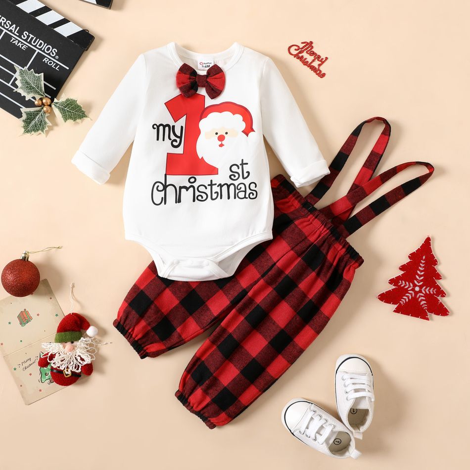 Christmas 2pcs Baby Boy Bow Tie Decor Santa & Letter Print Long-sleeve Romper and Red Plaid Suspender Pants Set REDWHITE
