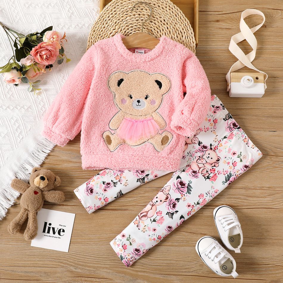 2pcs Baby Girl Bear Embroidered Long-sleeve Fuzzy Pullover and Allover Print Leggings Set pink
