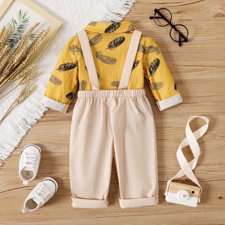 2pcs Baby Boy 100% Cotton Long-sleeve Allover Feather Print Button Up Shirt and Solid Suspender Pants Set Ginger-2 big image 2