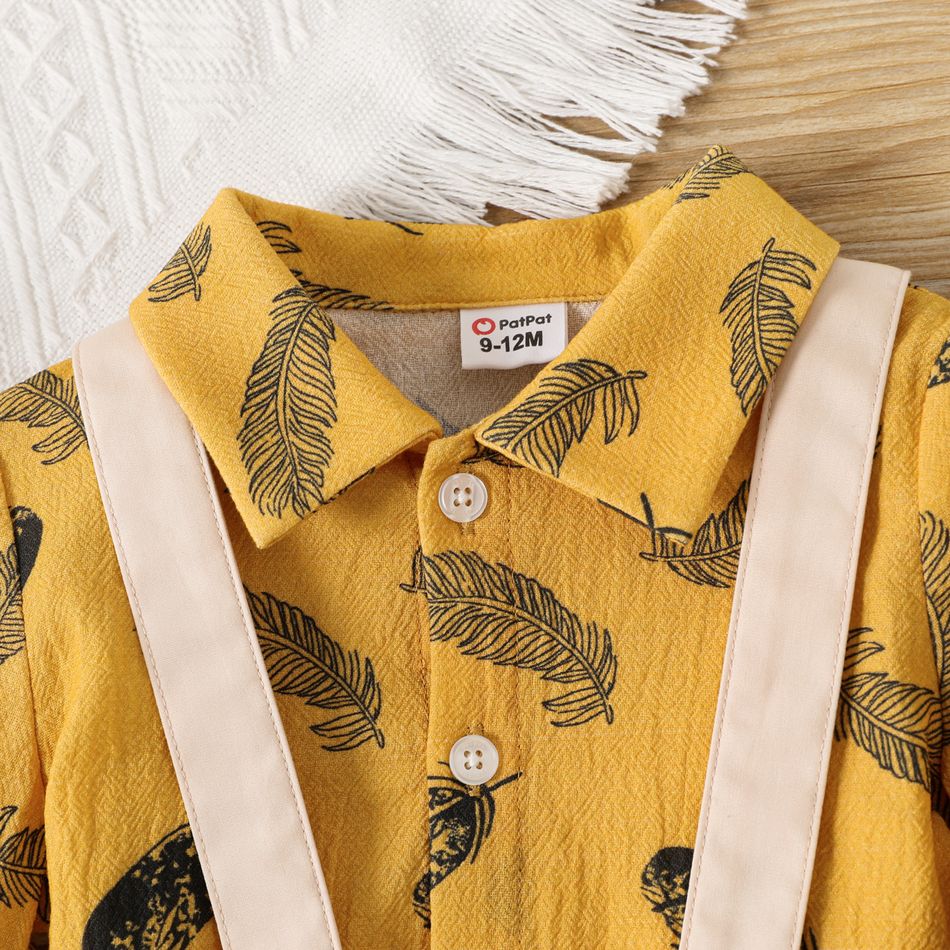 2pcs Baby Boy 100% Cotton Long-sleeve Allover Feather Print Button Up Shirt and Solid Suspender Pants Set Ginger-2 big image 3