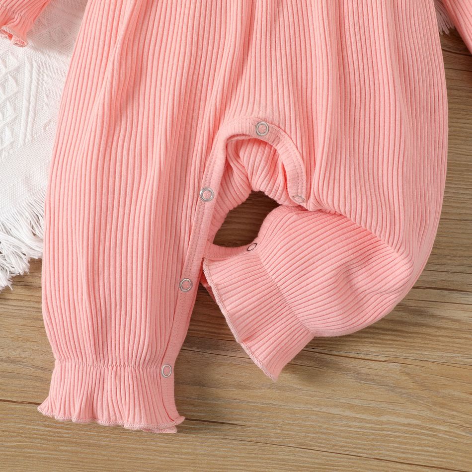Baby Girl Knitted Flower Detail Rib Knit Long-sleeve Jumpsuit DarkPink big image 6