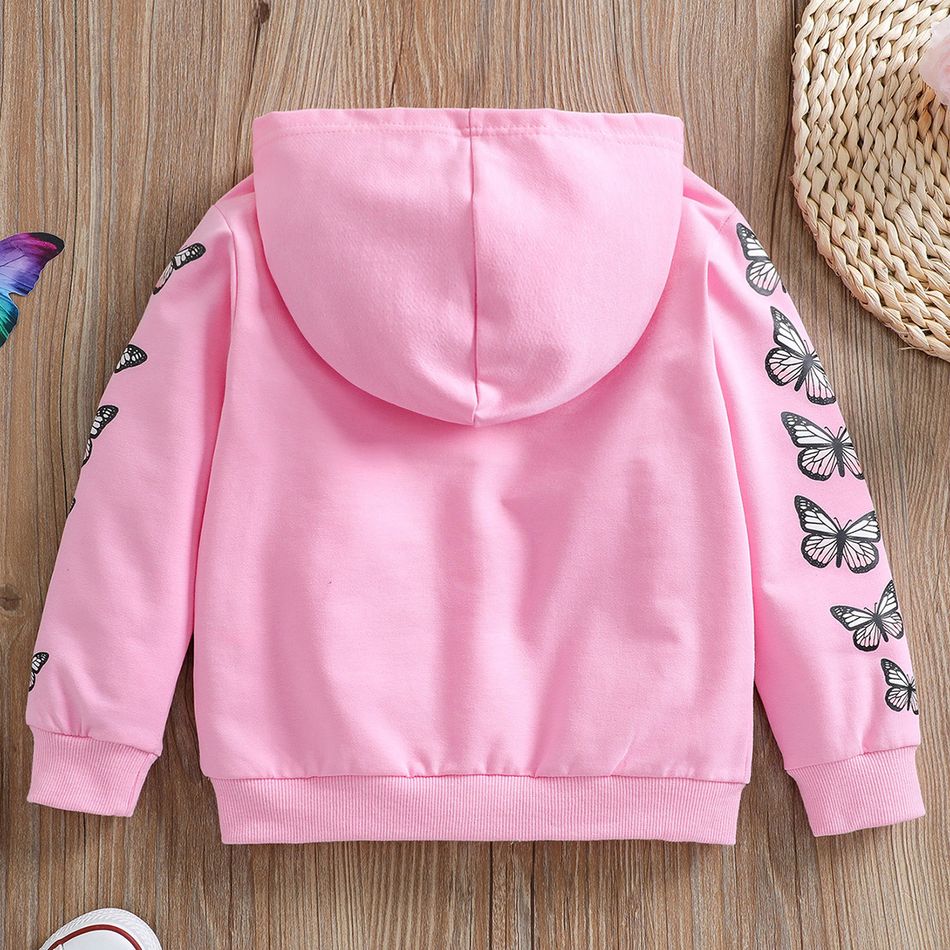 Kid Girl Butterfly Print Zipper Pink Hooded Jacket Pink big image 2