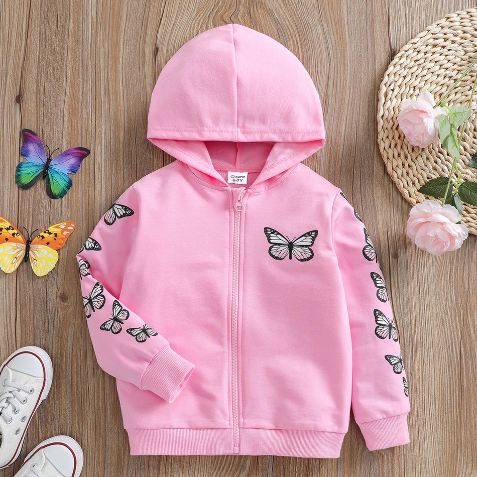 Kid Girl Butterfly Print Zipper Pink Hooded Jacket Pink big image 1