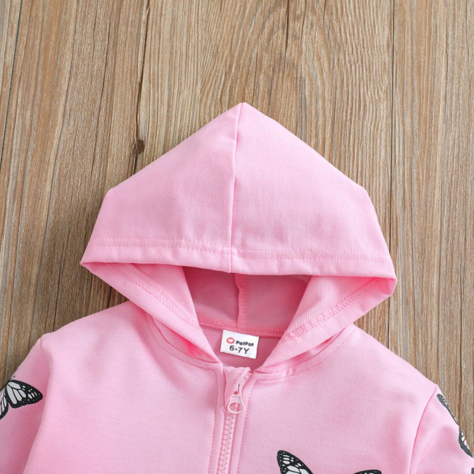 Kid Girl Butterfly Print Zipper Pink Hooded Jacket Pink big image 3