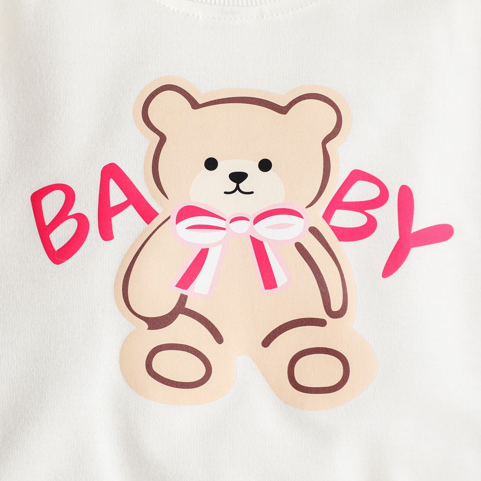 2pcs Baby Girl Bear & Letter Print Drop Shoulder Long-sleeve Sweatshirt and Plaid Sweatpants Set PinkyWhite big image 3