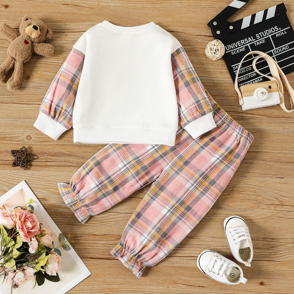 2pcs Baby Girl Bear & Letter Print Drop Shoulder Long-sleeve Sweatshirt and Plaid Sweatpants Set PinkyWhite big image 2