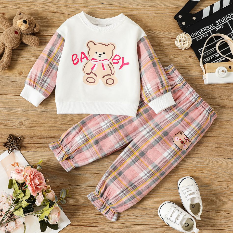 2pcs Baby Girl Bear & Letter Print Drop Shoulder Long-sleeve Sweatshirt and Plaid Sweatpants Set PinkyWhite big image 1