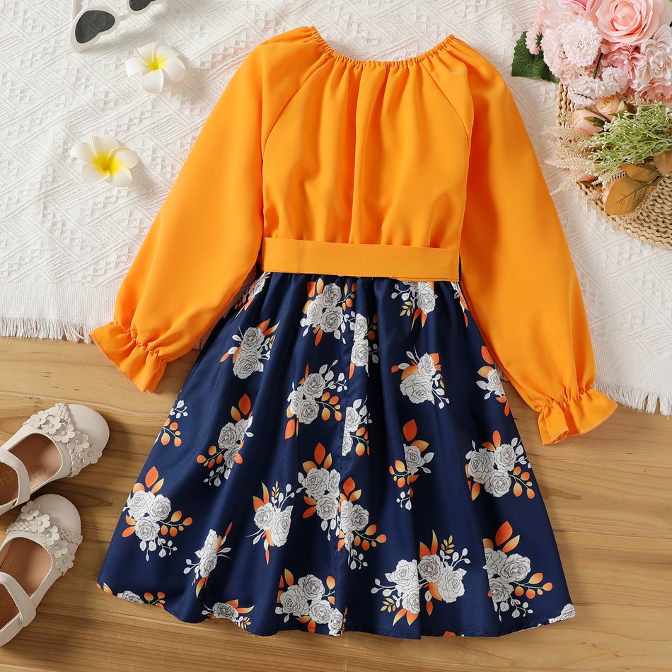 Kid Girl Floral Print Splice Belted Long-sleeve Dress Yellow big image 2