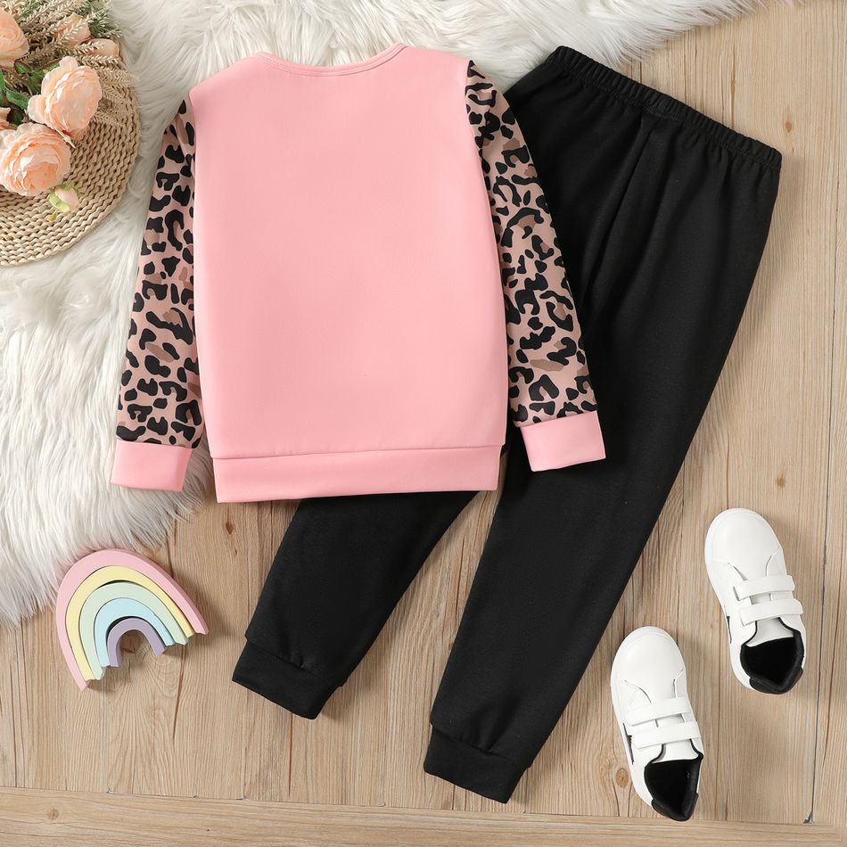 2pcs Kid Girl Leopard Print Colorblock Pullover Sweatshirt and Elasticized Pants Set Pink big image 2