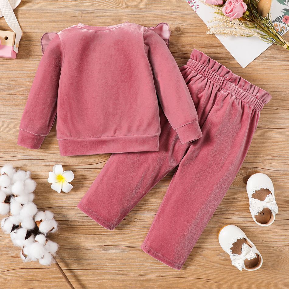 2pcs Baby Girl Pink Velvet Ruffle Trim Long-sleeve Top and Bow Front Pants Set Pink big image 2