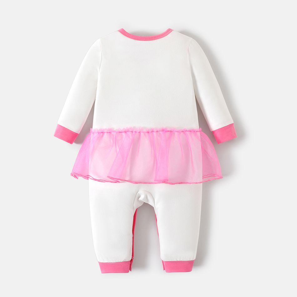 Barbie Baby Girl 100% Cotton Long-sleeve Letter Print Spliced Mesh Jumpsuit White big image 3