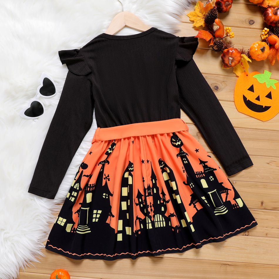 Kid Girl Halloween Graphic Building Print Colorblock Belted Long-sleeve Dress Black big image 2