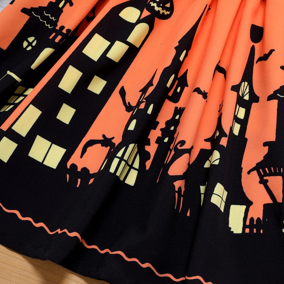 Kid Girl Halloween Graphic Building Print Colorblock Belted Long-sleeve Dress Black
