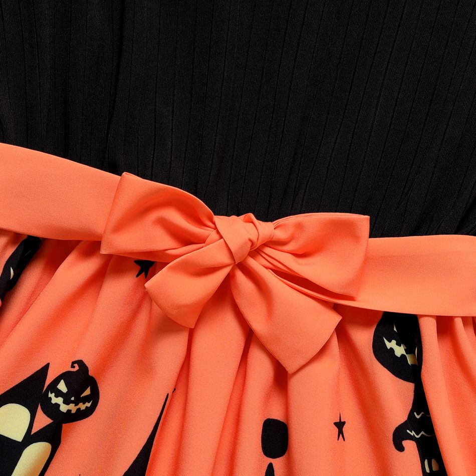 Kid Girl Halloween Graphic Building Print Colorblock Belted Long-sleeve Dress Black big image 4