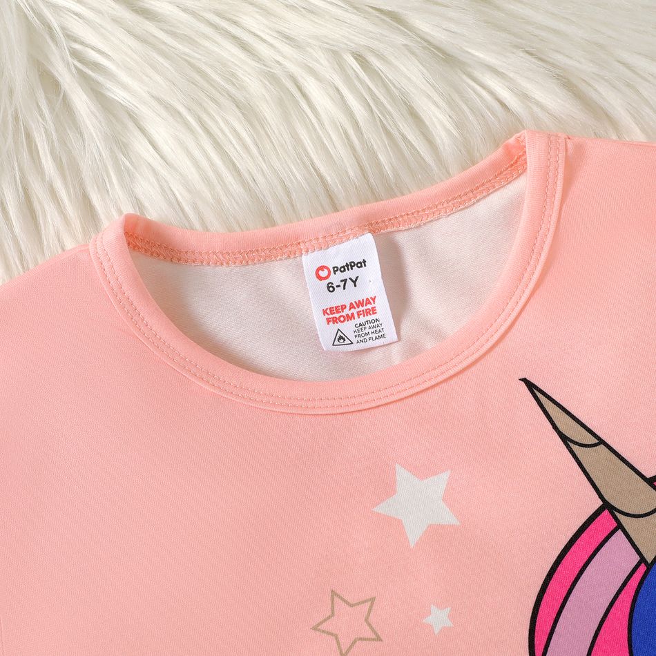 2pcs Kid Girl Unicorn Print Pink Tee and Star Print Pink Pants Pajamas Sleepwear Set Pink big image 3